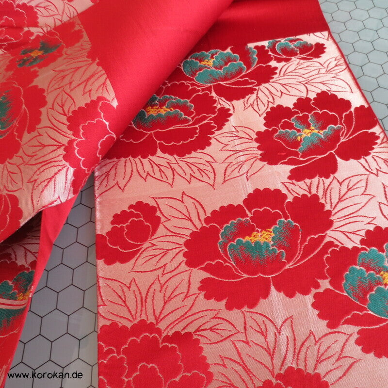 Päonien groß rot Seiden Jacquard Fukuro Obi Kimono Gürtel