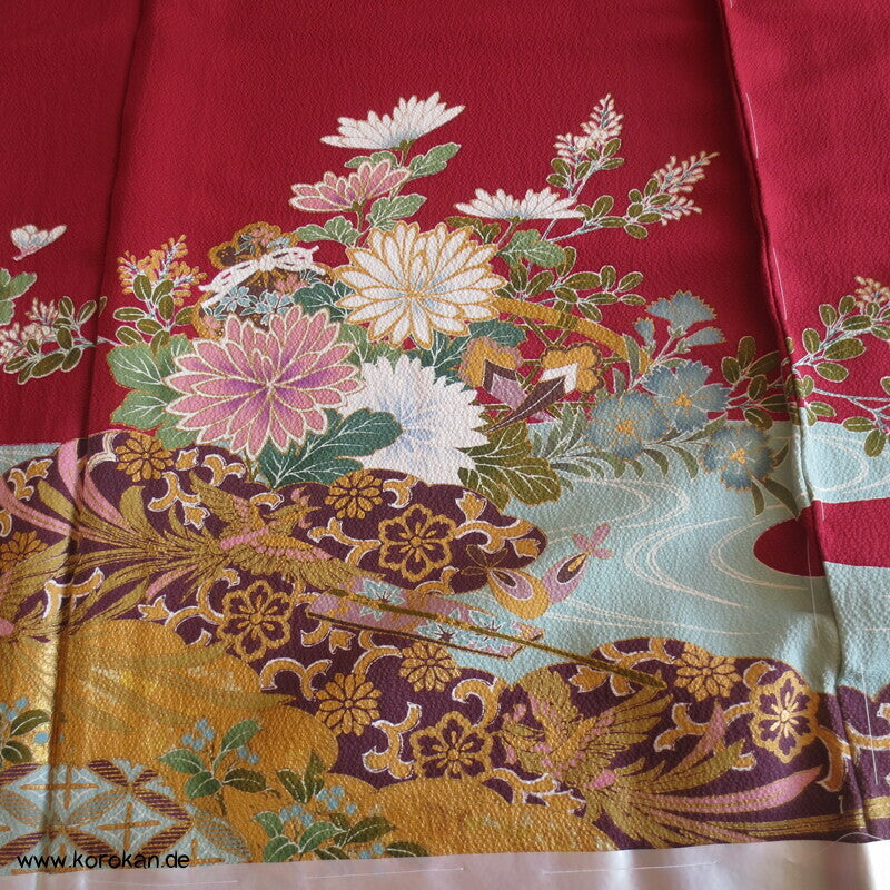 weinrot, klassische Muster Furisode, Seiden Karieba