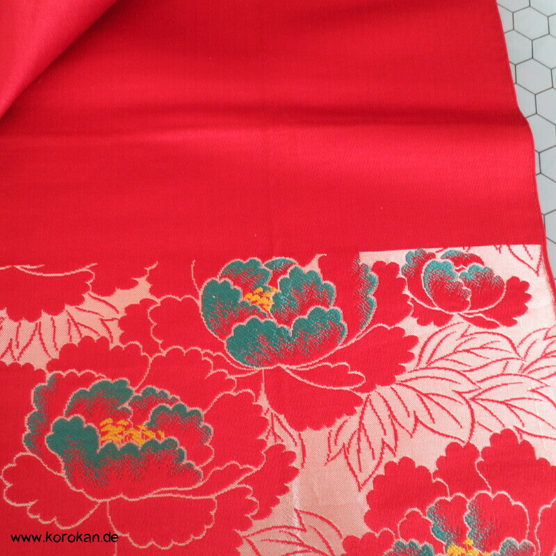 Päonien groß rot Seiden Jacquard Fukuro Obi Kimono Gürtel