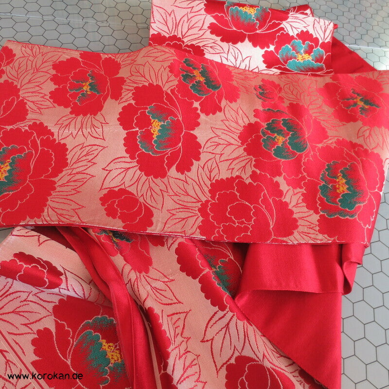 Päonien groß rot Seiden Jacquard Fukuro Obi Kimono Gürtel