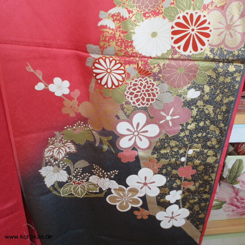 Blüten und Phönix azalee Furisode, Seidendamast Karieba Kimono Stoff