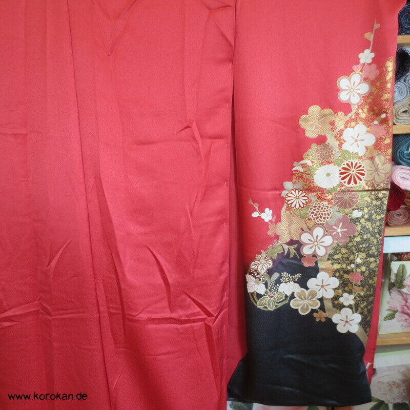 Blüten und Phönix azalee Furisode, Seidendamast Karieba Kimono Stoff