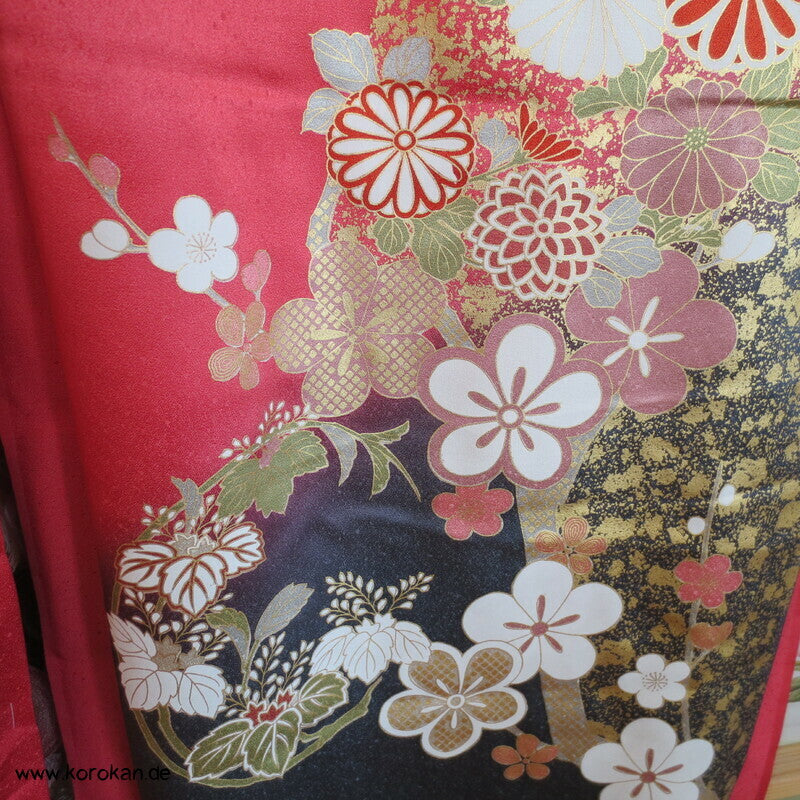 Blüten und Phönix azalee Furisode, Seidendamast Karieba Kimono Stoff