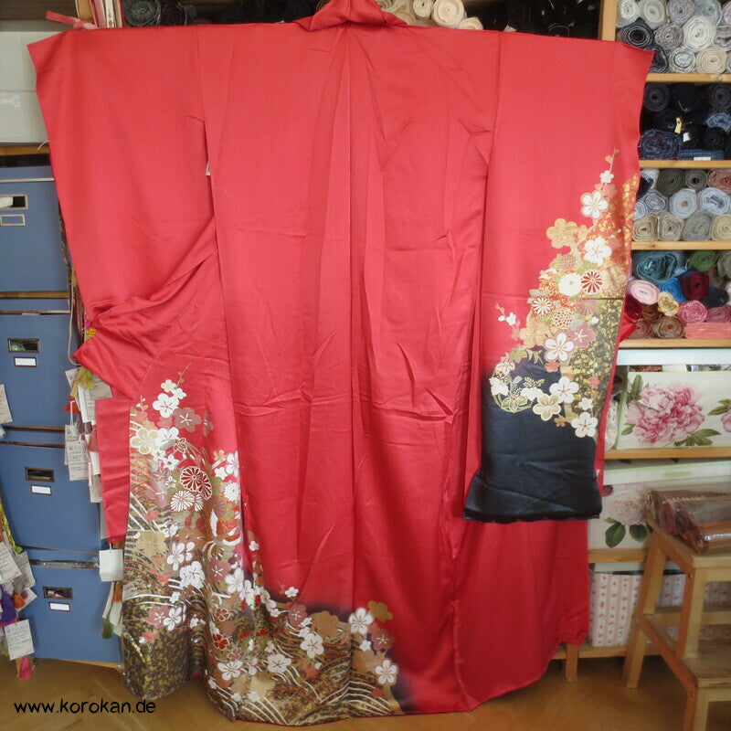 Blüten und Phönix azalee Furisode, Seidendamast Karieba Kimono Stoff