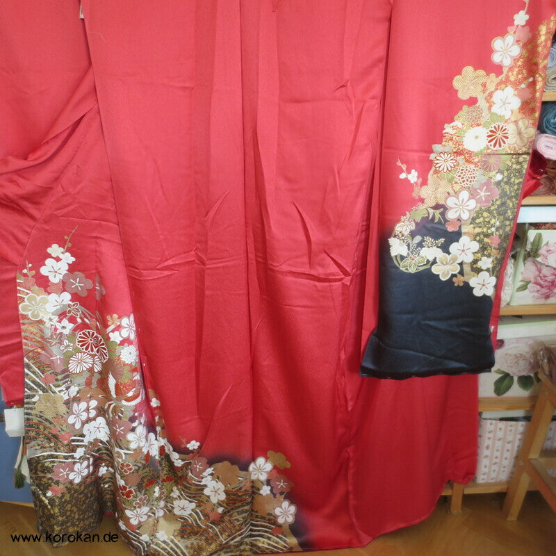Blüten und Phönix azalee Furisode, Seidendamast Karieba Kimono Stoff