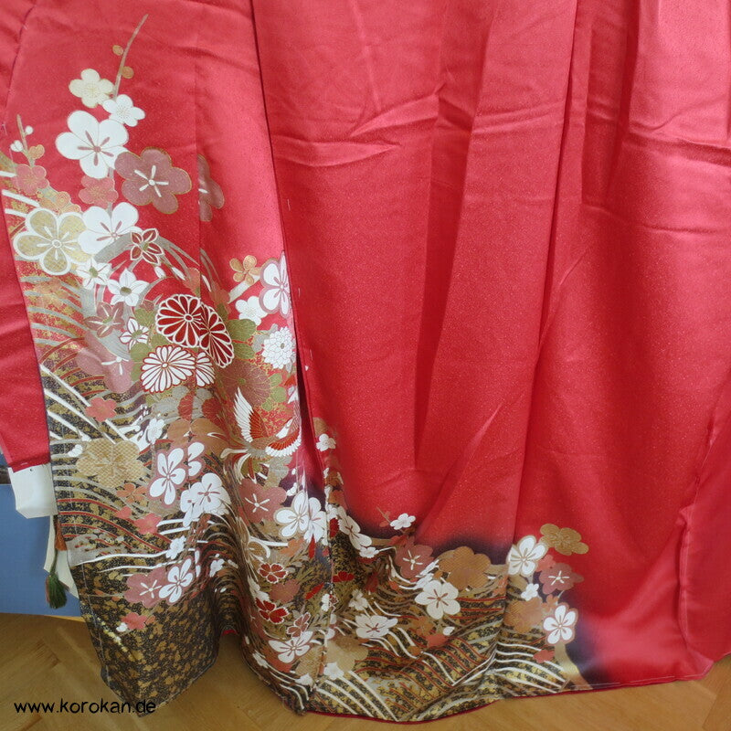 Blüten und Phönix azalee Furisode, Seidendamast Karieba Kimono Stoff