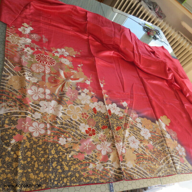 Blüten und Phönix azalee Furisode, Seidendamast Karieba Kimono Stoff