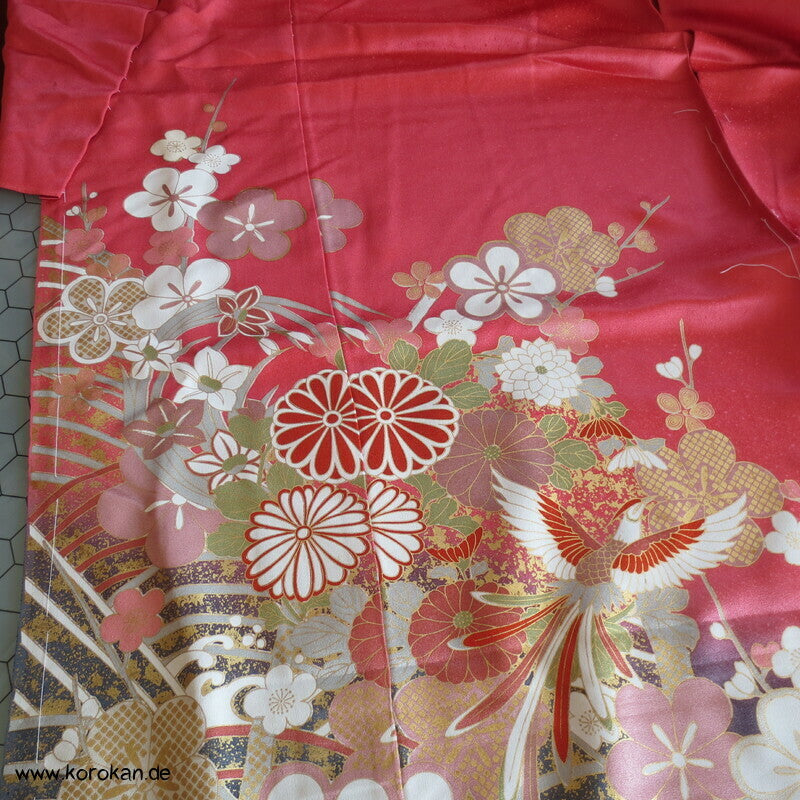 Blüten und Phönix azalee Furisode, Seidendamast Karieba Kimono Stoff