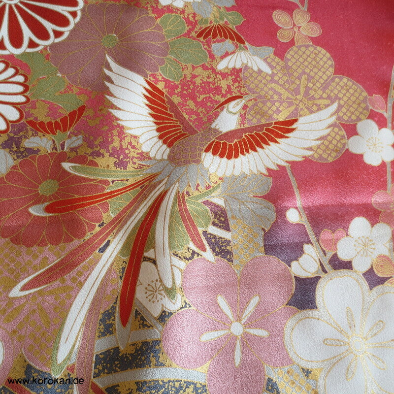 Blüten und Phönix azalee Furisode, Seidendamast Karieba Kimono Stoff