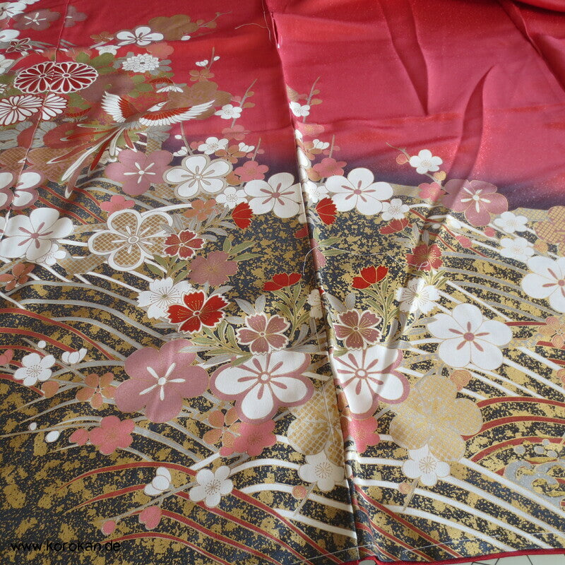 Blüten und Phönix azalee Furisode, Seidendamast Karieba Kimono Stoff