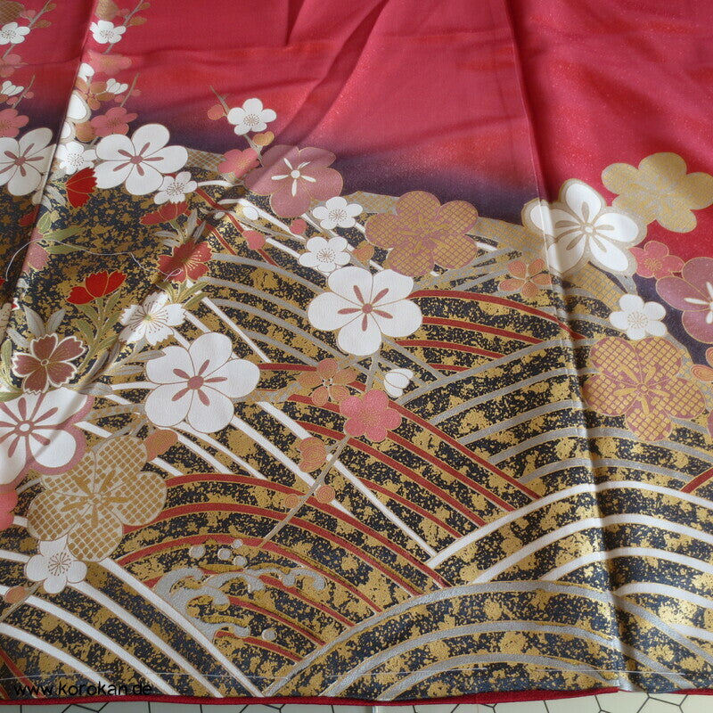 Blüten und Phönix azalee Furisode, Seidendamast Karieba Kimono Stoff
