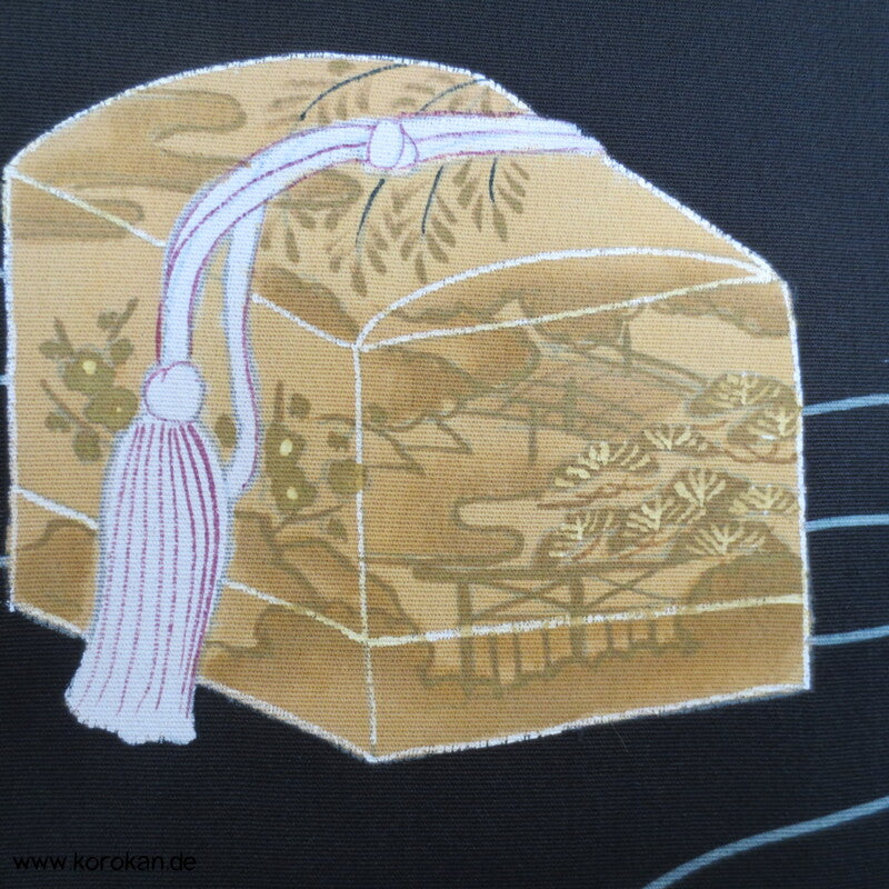 bunte Bento Boxen auf schwarzer Seide Haori Kimono Jacke