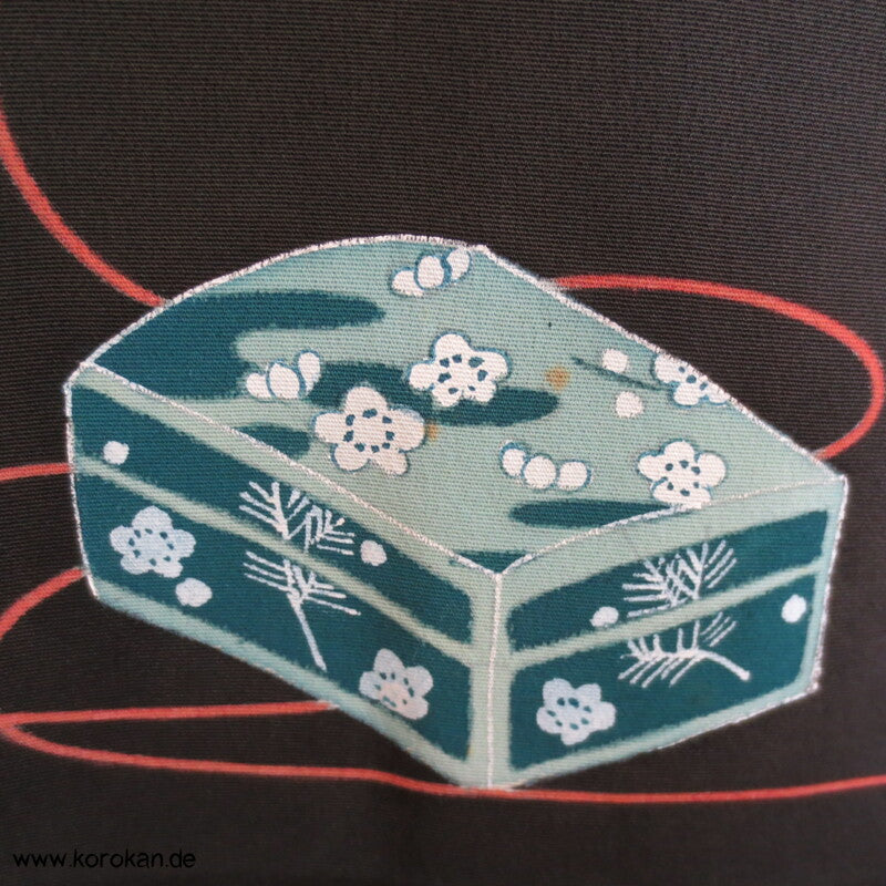 bunte Bento Boxen auf schwarzer Seide Haori Kimono Jacke