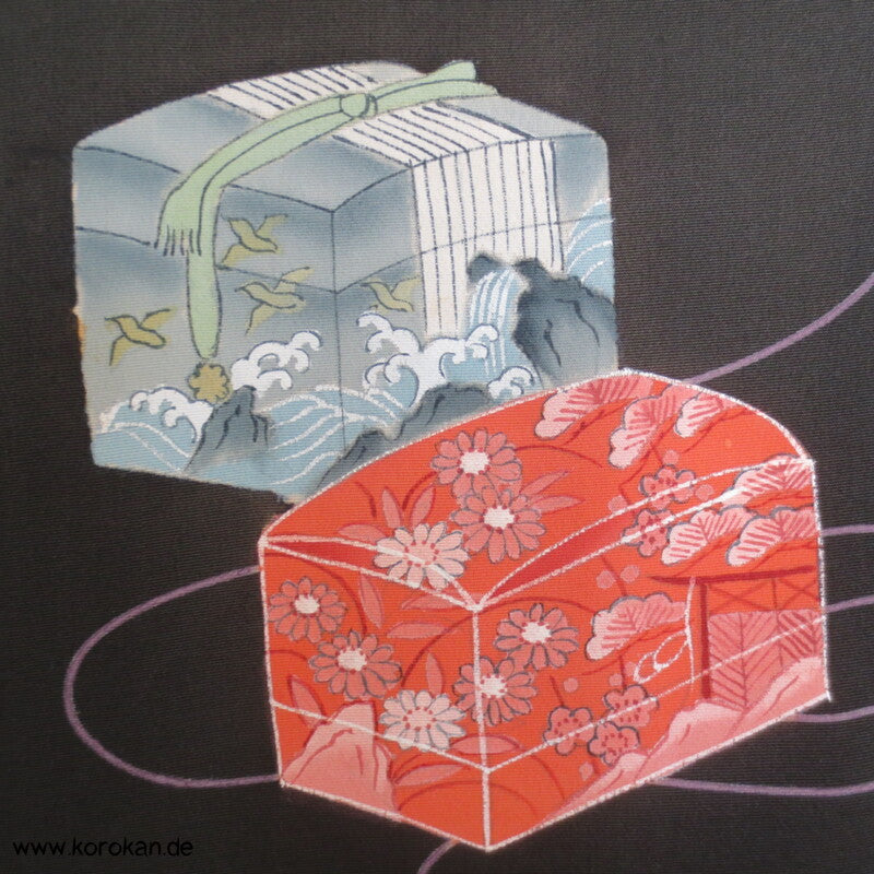 bunte Bento Boxen auf schwarzer Seide Haori Kimono Jacke