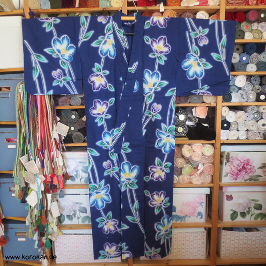 Japan Baumwoll Yukata Kimono blaue Blumen auf blau