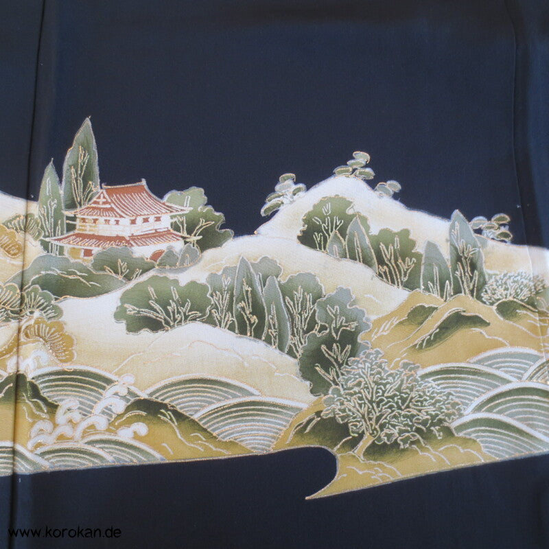 Tempellandschaft mit Stickerei Tomesode Kimono Seiden Kimono