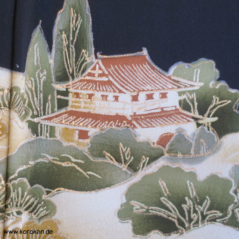 Tempellandschaft mit Stickerei Tomesode Kimono Seiden Kimono