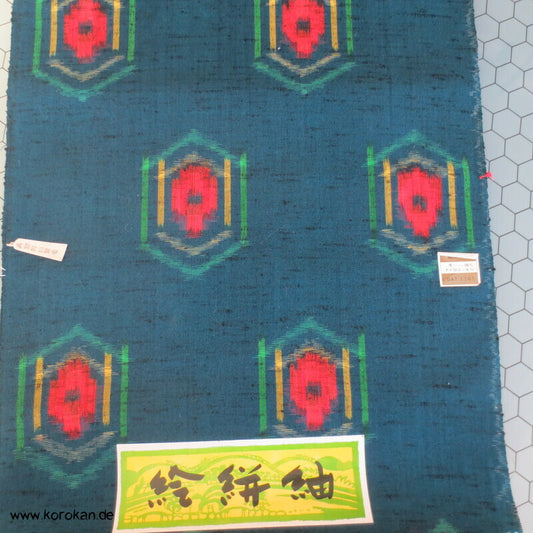 regenbogenbuntes Kikko Kasuri in petrol Kimono Wollstoff