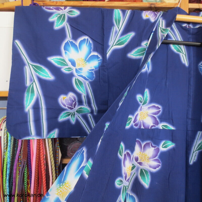 Japan Baumwoll Yukata Kimono blaue Blumen auf blau