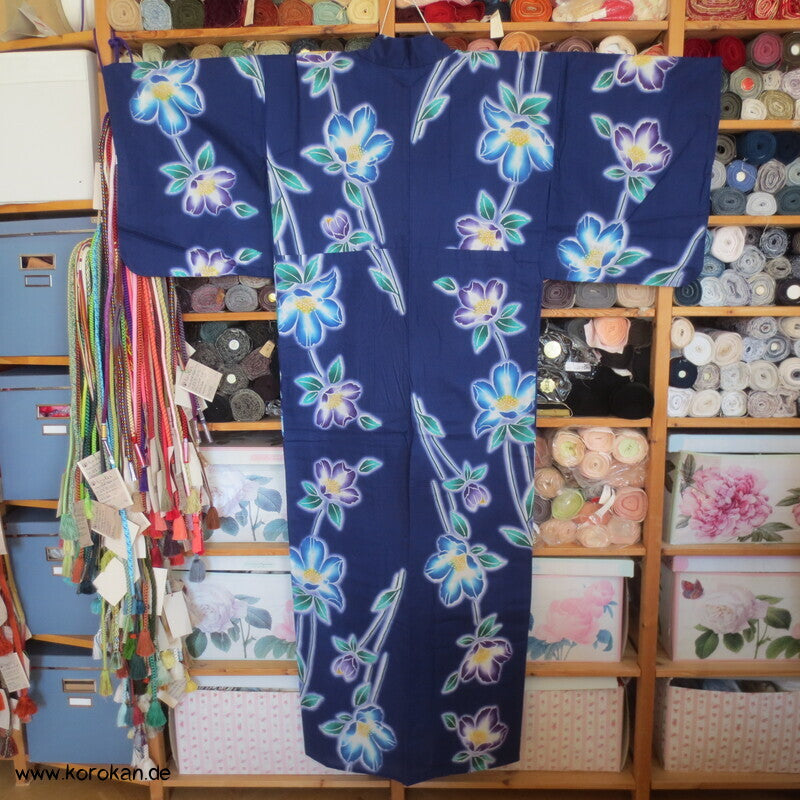Japan Baumwoll Yukata Kimono blaue Blumen auf blau