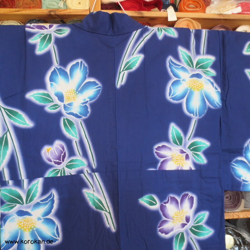 Japan Baumwoll Yukata Kimono blaue Blumen auf blau