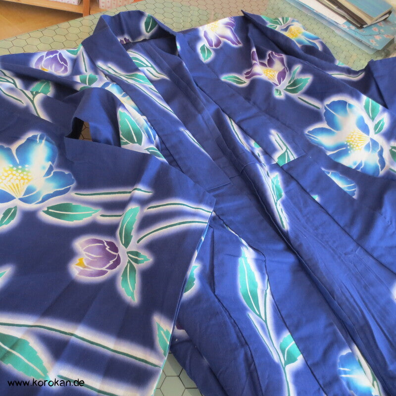 Japan Baumwoll Yukata Kimono blaue Blumen auf blau