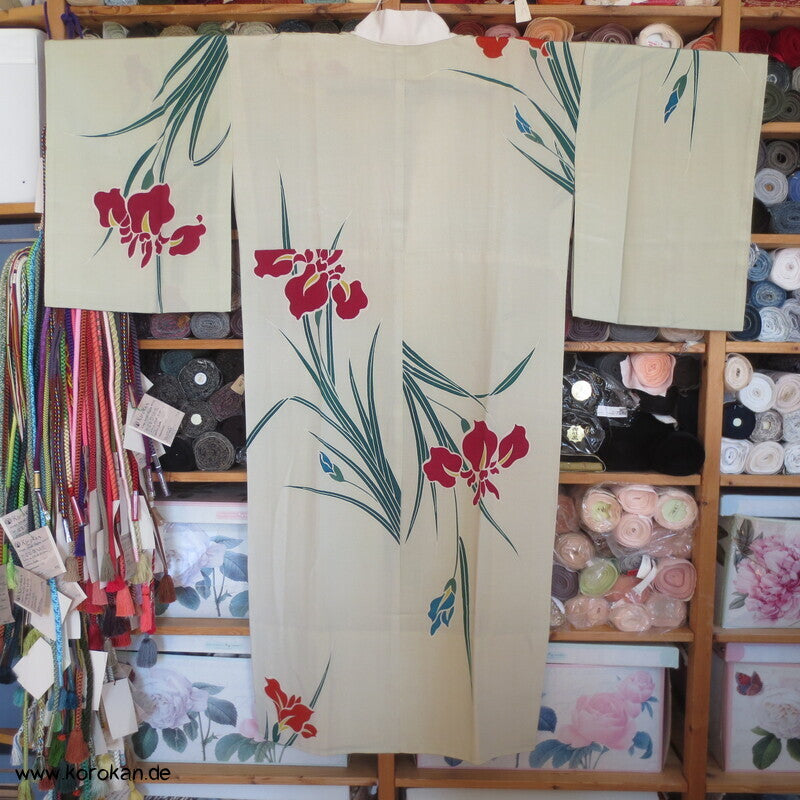 Seide Juban Unterkimono Iris auf kieselfarbenem Crepe