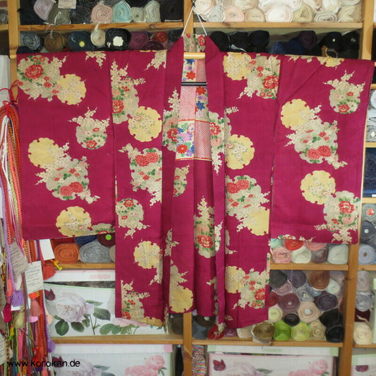 Schneeflocken auf pink Haori Kimono Jacke Blüten Seidendamast