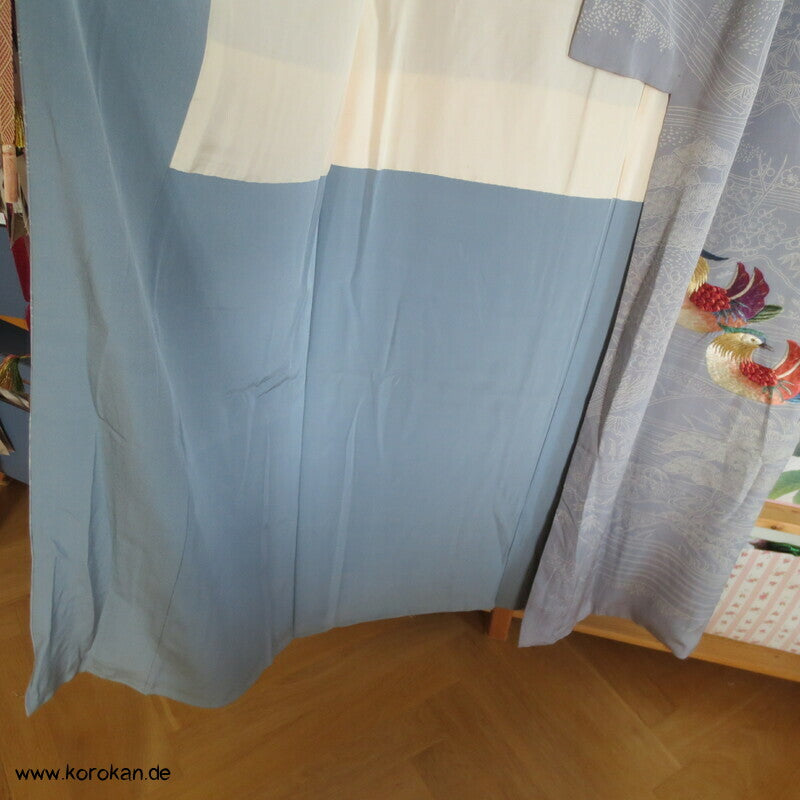 gestickte Mandarinenten auf blaugrau Homongi Kimono