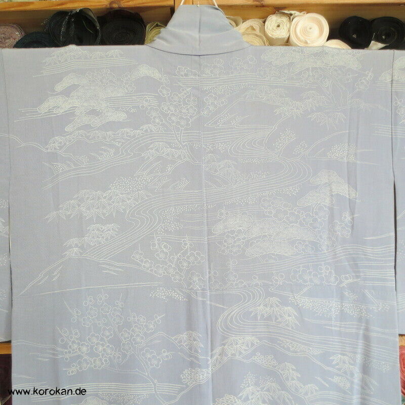 gestickte Mandarinenten auf blaugrau Homongi Kimono