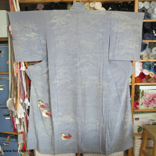 gestickte Mandarinenten auf blaugrau Homongi Kimono