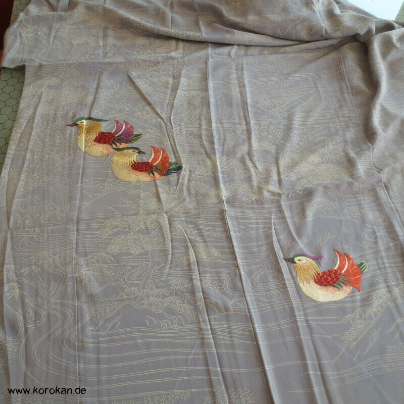 gestickte Mandarinenten auf blaugrau Homongi Kimono