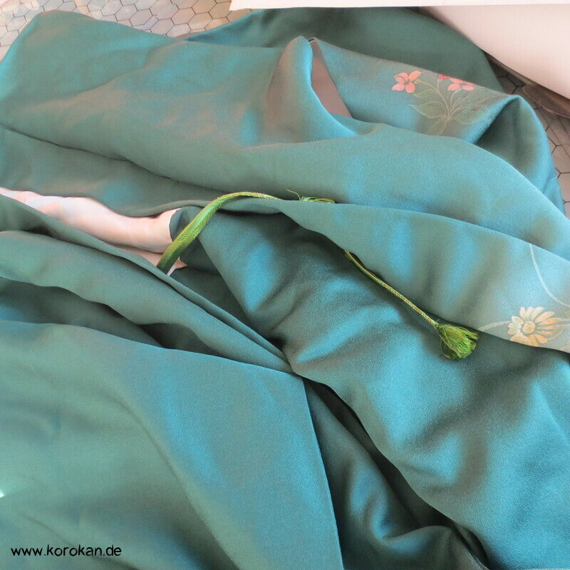 handgemalten Wiesenblumen auf türkis Seiden Haori Kimono Jacke, mit Himo