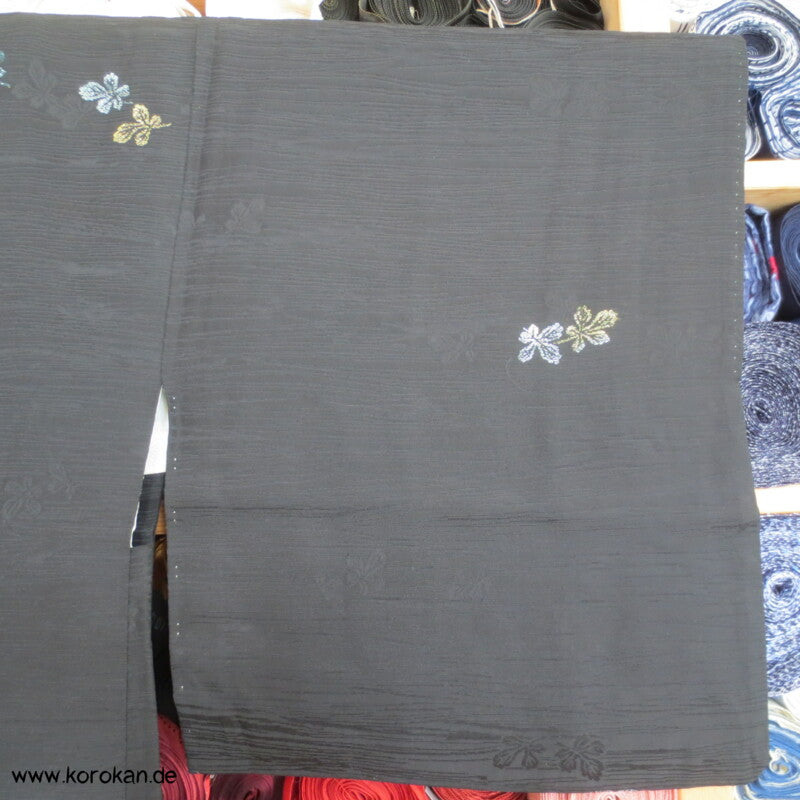 japanische Haori Kimono Jacke schwarzer Seidenbrokat Urushi Blätter