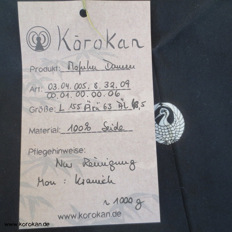 Kranich Mon Mofuku, schlichter schwarzer Seiden Kimono