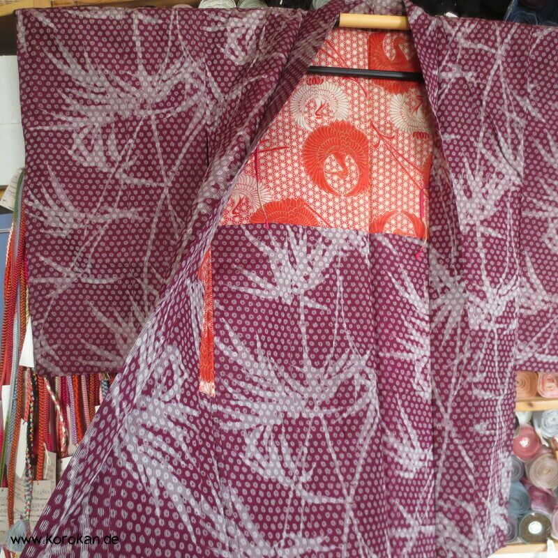 Bambus Kasuri, Kranich Futter Haori Kimono Jacke, mit Himo