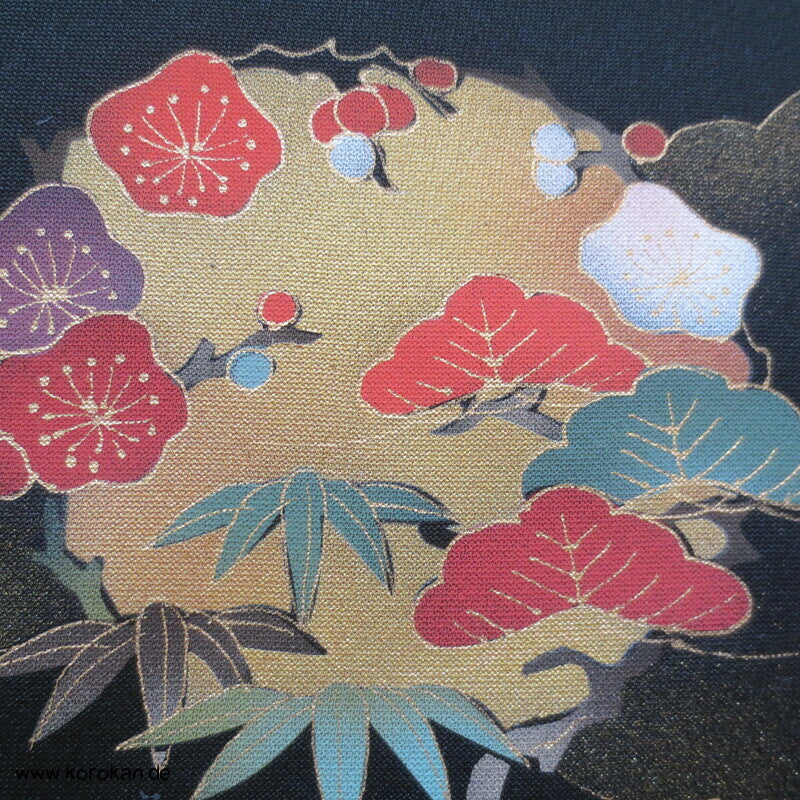 Kusudama, schwarzer Seidencrepe Haori Kimono Tanmono Stoffrolle