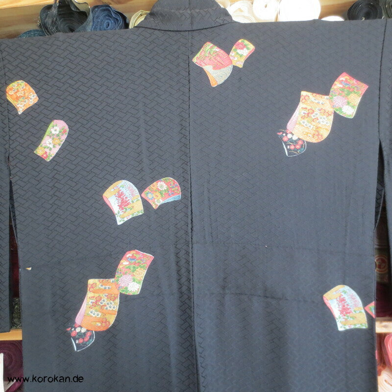 Tagasode, schwebende Ärmel Hitoe - ungefütterter Higaki Seidendamast Kimono