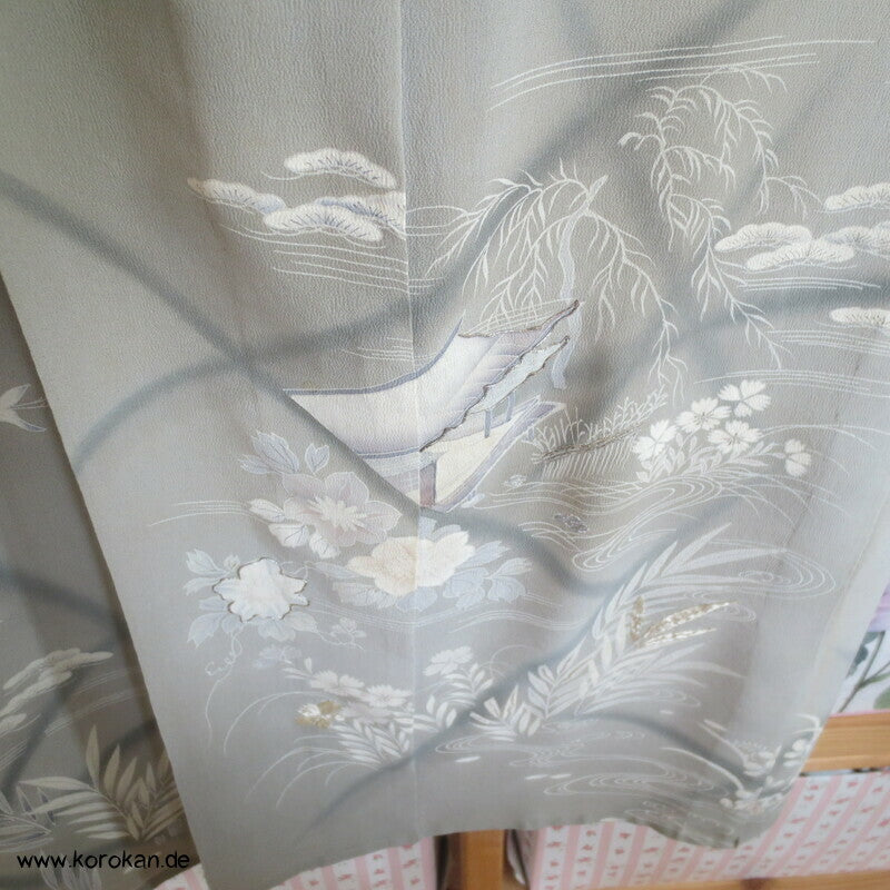 Gartenteichmuster, teilbestickt Hitoe Irotomesode Seiden Kimono