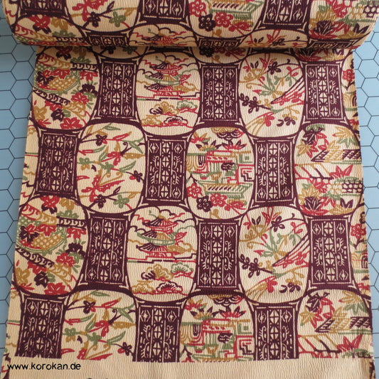 Häuser und Tempel Vignetten Druck Kimono Wollcrepe
