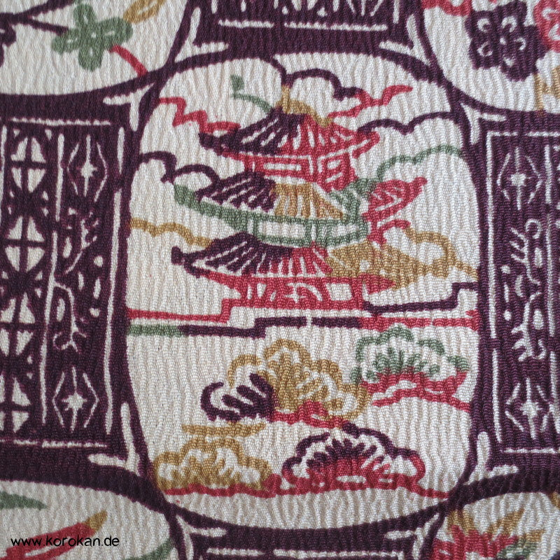 Häuser und Tempel Vignetten Druck Kimono Wollcrepe