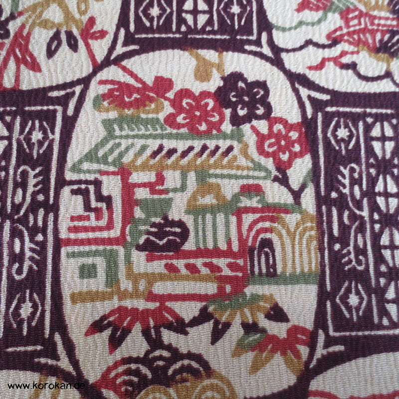 Häuser und Tempel Vignetten Druck Kimono Wollcrepe