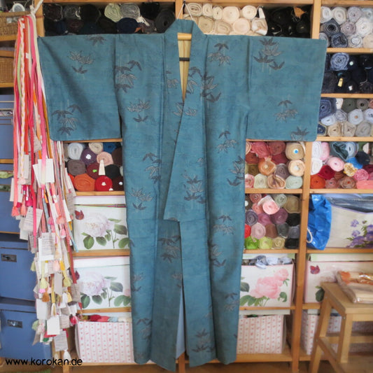 Bambus türkis petrol blau Kasuri Tsumugi Seiden Kimono