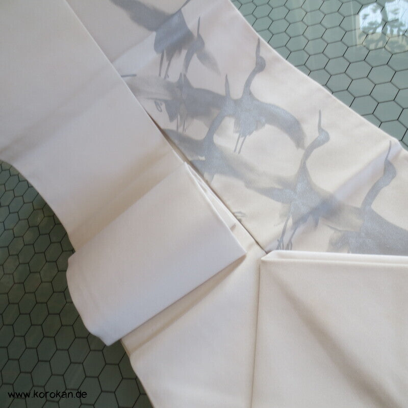 Nagoya Obi Kimono Gürtel Seidenrips handgemalte Silberkraniche