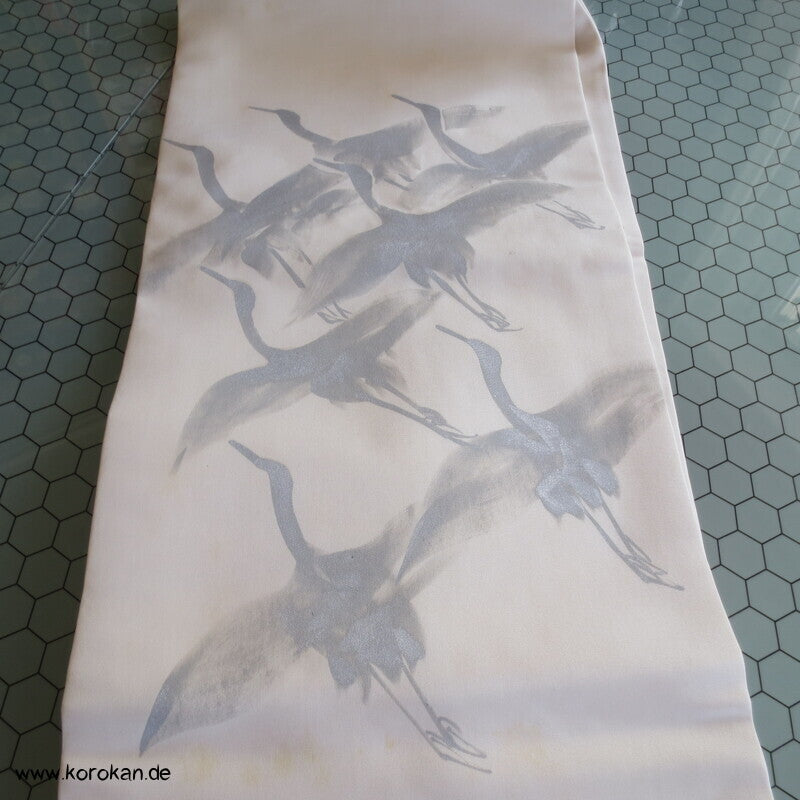 Nagoya Obi Kimono Gürtel Seidenrips handgemalte Silberkraniche