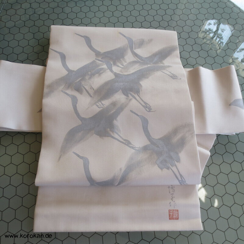 Nagoya Obi Kimono Gürtel Seidenrips handgemalte Silberkraniche