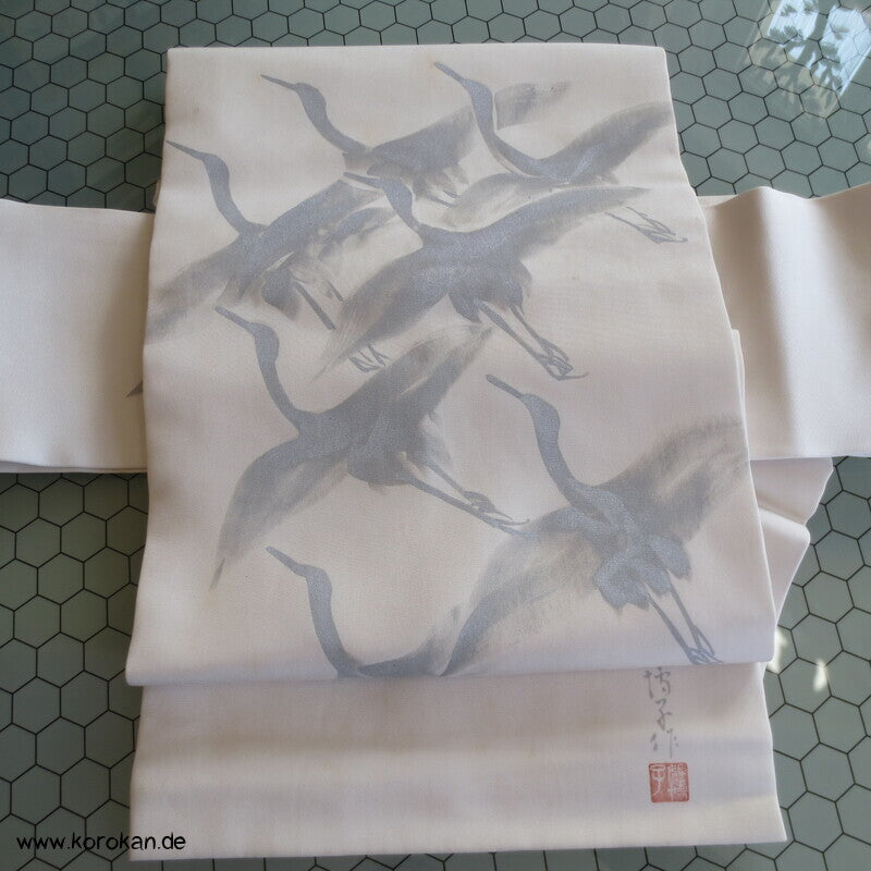 Nagoya Obi Kimono Gürtel Seidenrips handgemalte Silberkraniche