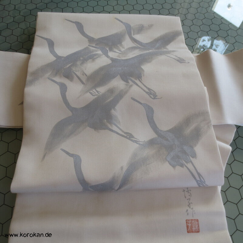 Nagoya Obi Kimono Gürtel Seidenrips handgemalte Silberkraniche