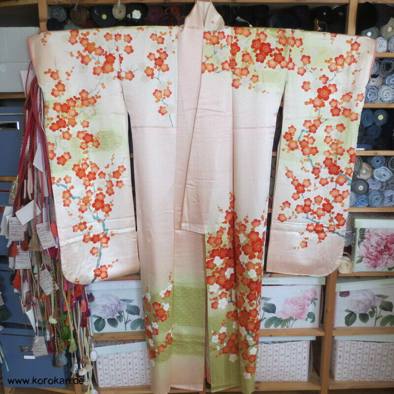 allover Sakurazweige, rosa, rot, gold Furisode Seidensatin Kimono
