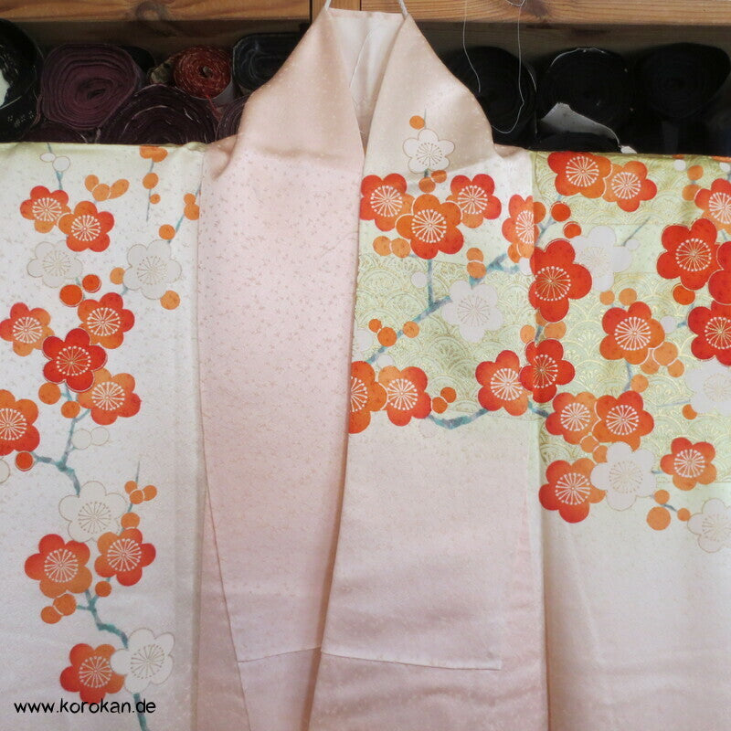 allover Sakurazweige, rosa, rot, gold Furisode Seidensatin Kimono